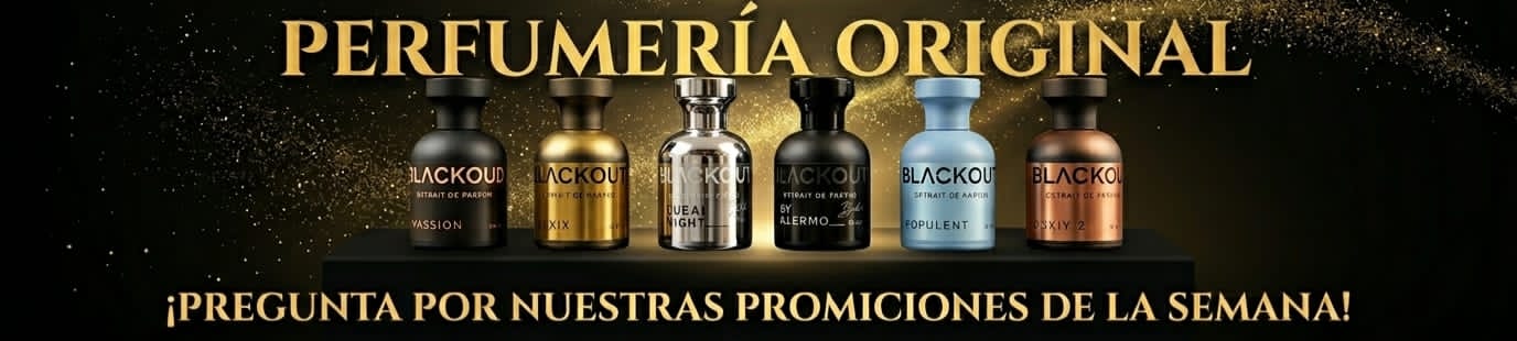 Six elegant perfume bottles in gold, silver, black, blue, and copper colors on a dark sparkling background.